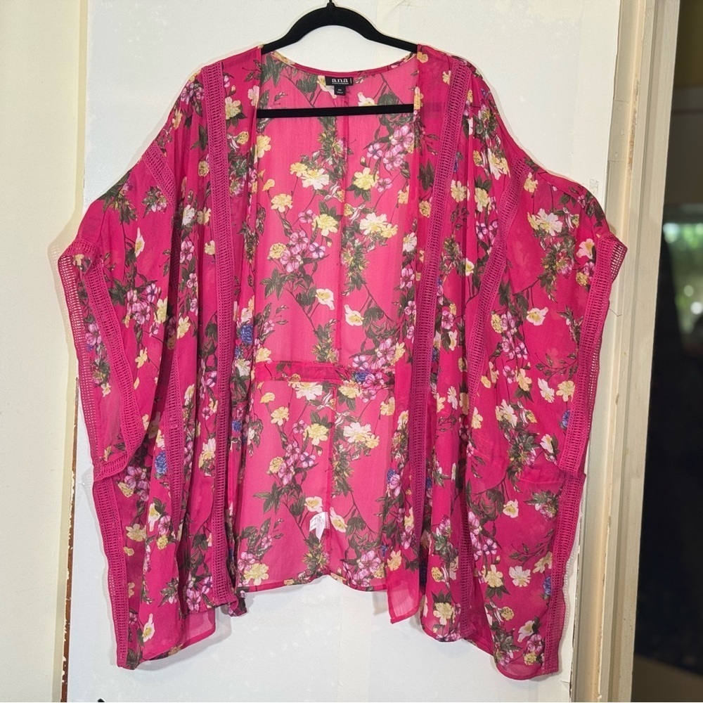A.N.A. Women's Pink Floral Kimono Style Sheer Bohemian Coverup